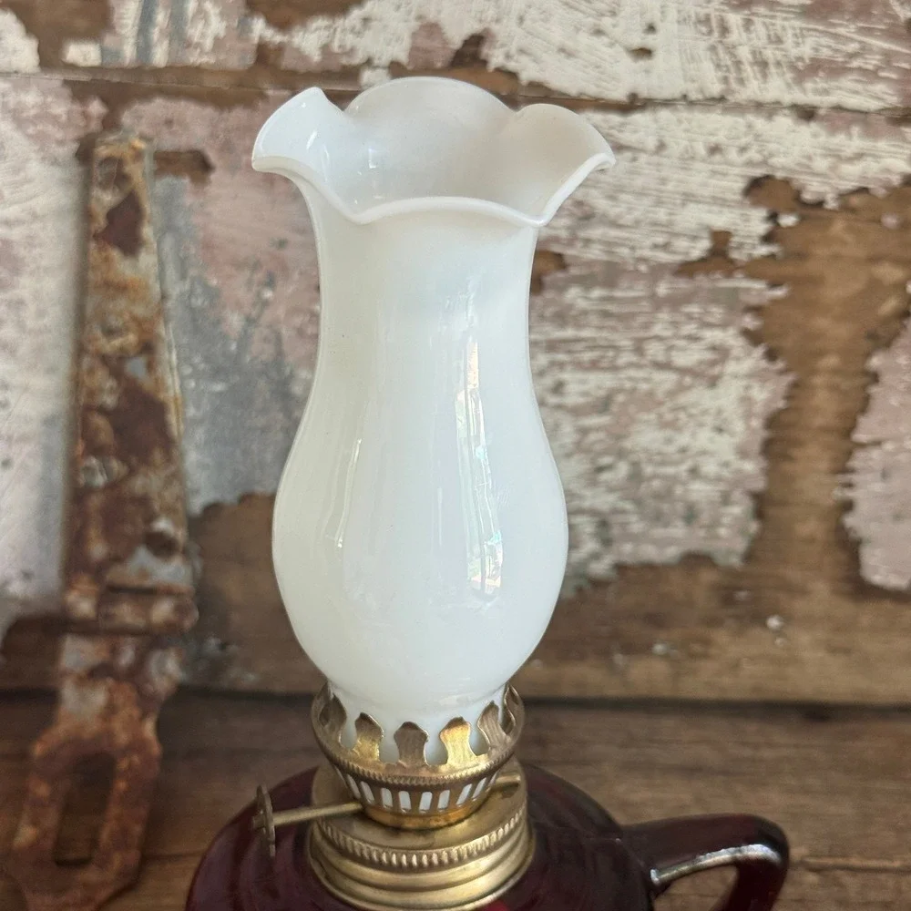 Vintage Ruby Red Glass Miniature Finger‎ Oil Lamp with White Milk Glass Chimney